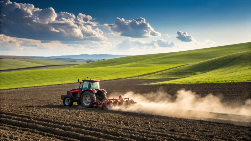 A tractor plowing an expansive field under a blue sky