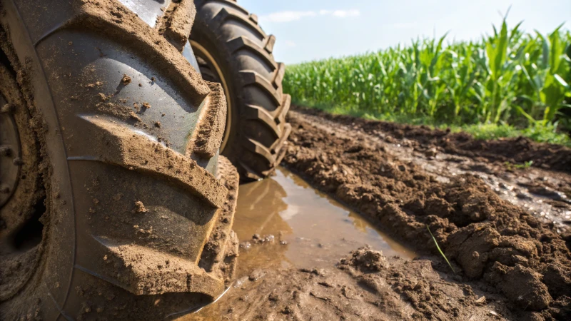 Close-up of a tractor tire in a muddy field