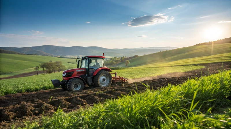 A red tractor working in a green field