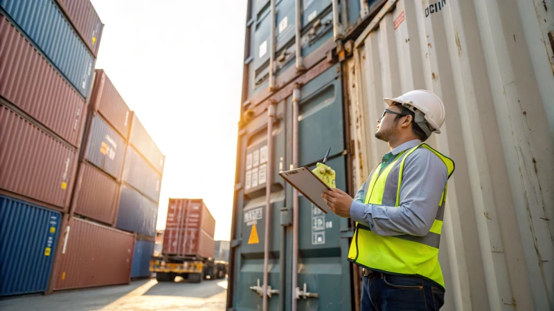 Warehouse worker inspecting shipping container seal