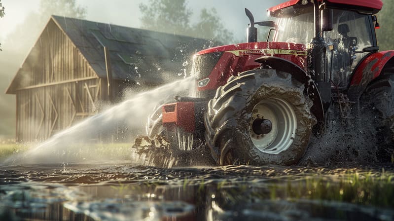 A farmer washing a farm tractor to remove dirt, mud, and debris for proper maintenance.