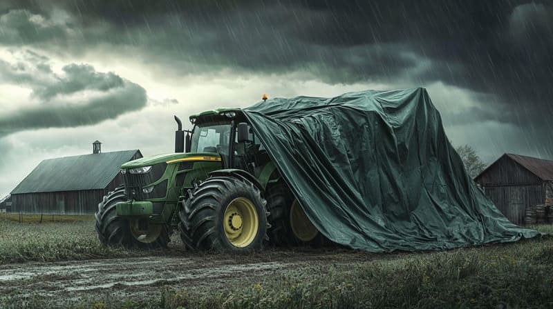 A farm tractor covered with a waterproof tarp to protect it from heavy rain and moisture damage.