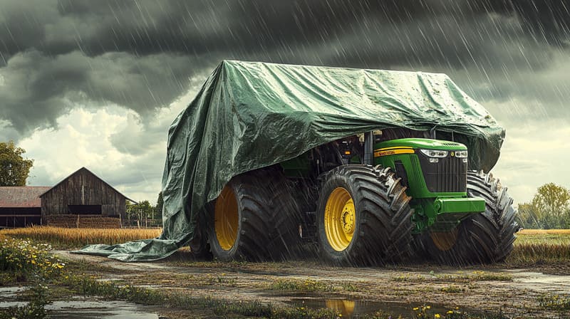 A farm tractor covered with a protective tarp to shield it from weather and dust.