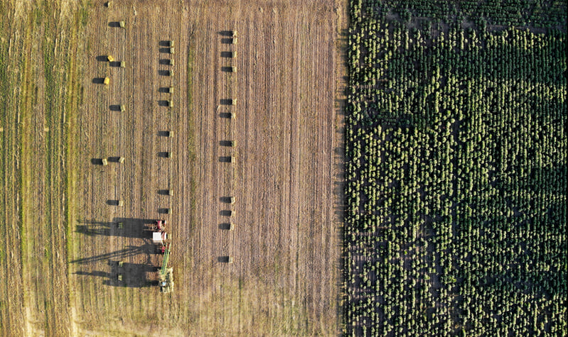 Aerial view showcasing different farm sizes, from small family farms to large commercial agricultural fields.