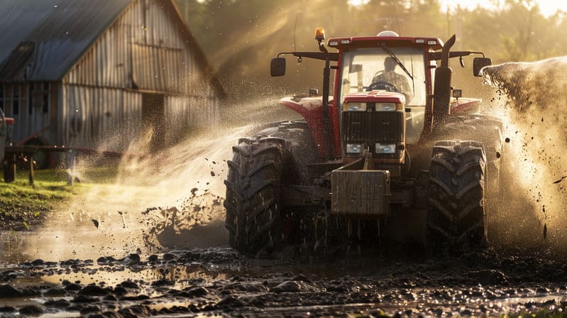 A farmer performing a deep clean on a farm tractor, removing dirt, grease, and debris from critical components.