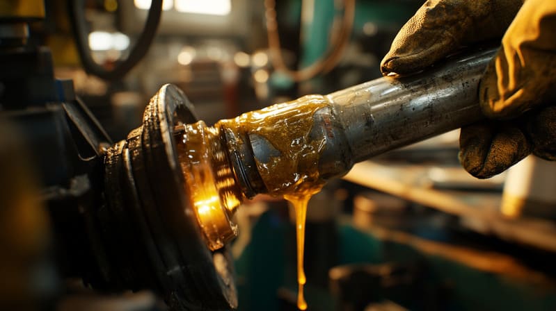 A close-up view of a farmer applying lubrication to a tractor’s moving parts to ensure smooth operation.