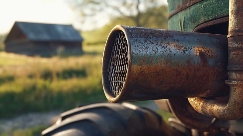 A close-up of a tractor exhaust pipe emitting fumes, highlighting the importance of engine efficiency and maintenance.
