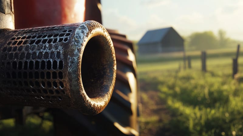 A close-up of a tractor exhaust pipe releasing emissions, highlighting the importance of proper maintenance.