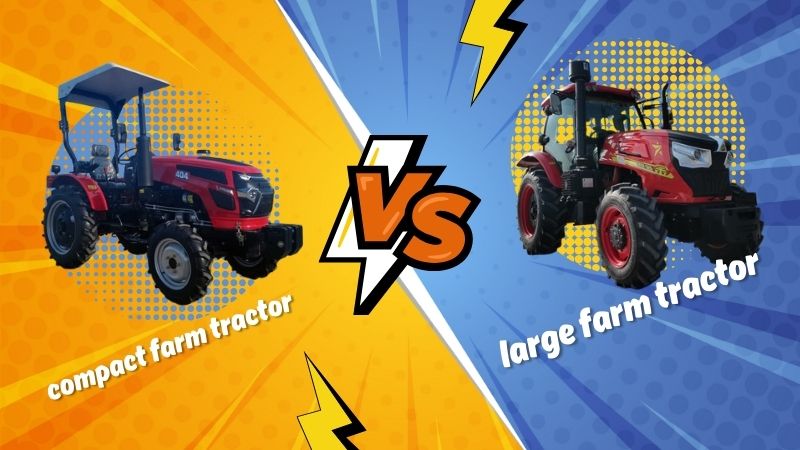 A compact tractor parked next to a large farm tractor, showcasing the size difference and versatility of both machines.