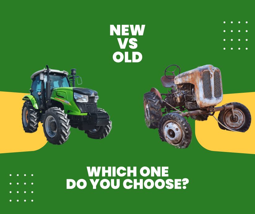 Side-by-side comparison of a new and an old farm tractor in a field—one modern, sleek, and tech-equipped, the other rugged and timeworn with classic features.