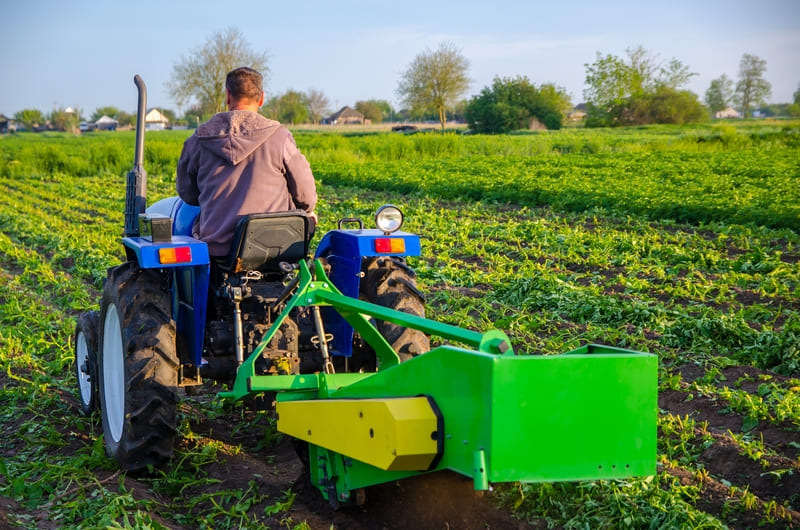 Compact tractor harvesting potatoes using attached potato harvester in rural farmland.