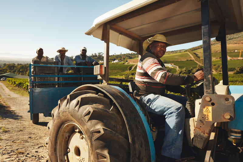 Farmer driving tractor in a green field, modern agriculture equipment, sustainable farming techniques.