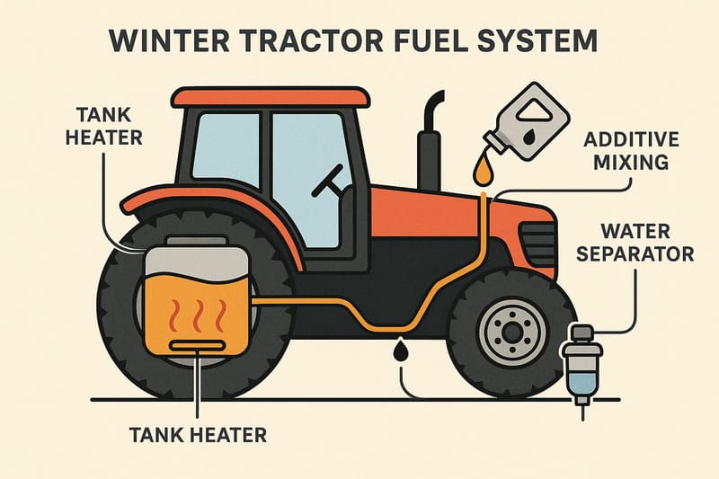 Detailed illustration of a winter tractor fuel system with cold weather protection components.