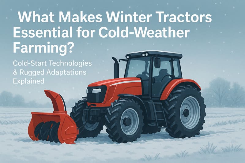 Winter farm tractor plowing snowy field, showcasing agricultural machinery in cold weather conditions.