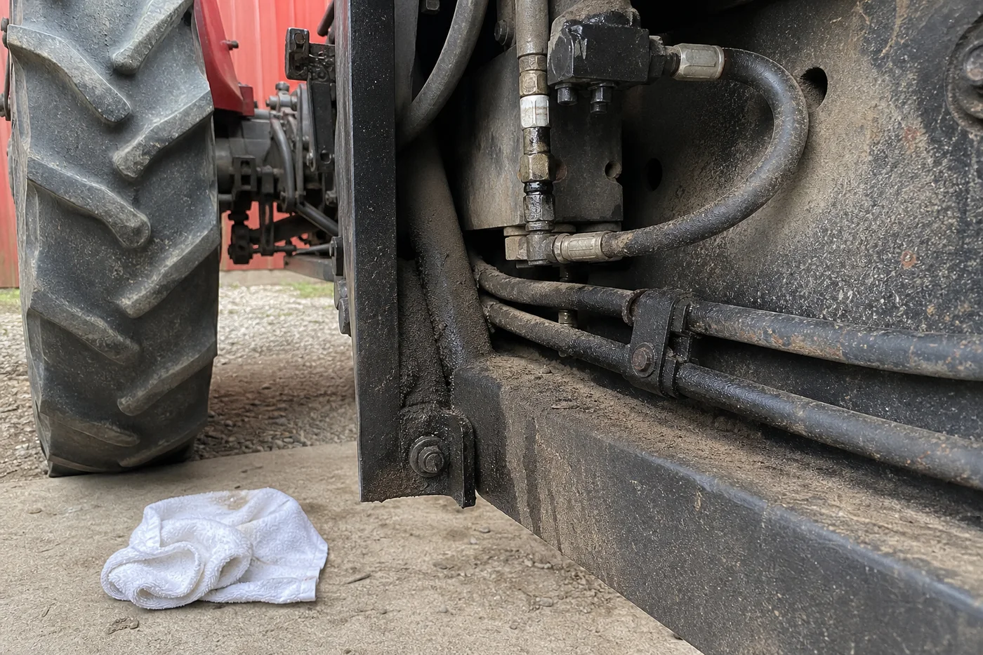 Tracing fresh wetness around a tractor fitting