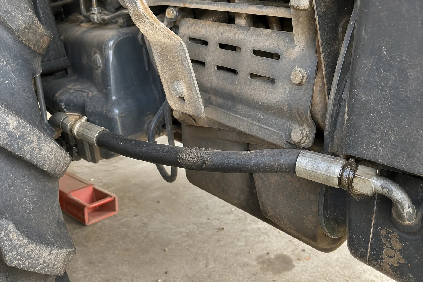 A damaged hydraulic hose that requires shutdown