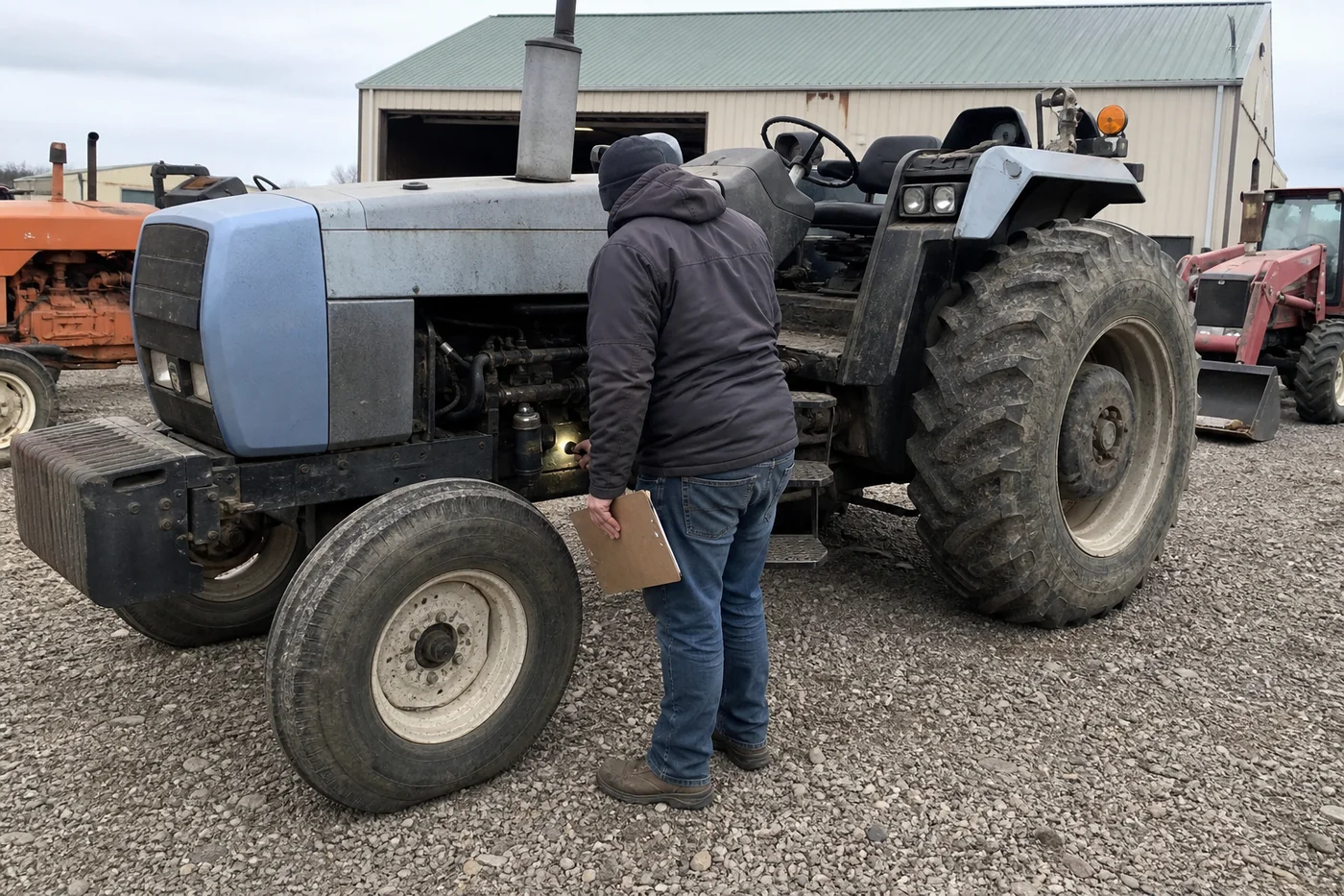 A used tractor being inspected from a safe position